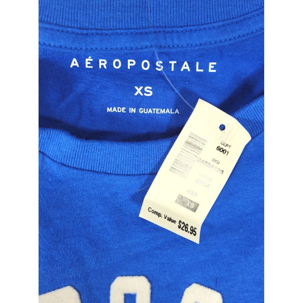 Aeropostale Arch Flocked Graphic Fuzzy Letters Tee T-Shirt - Royal Blue - XS - Picture 2 of 4